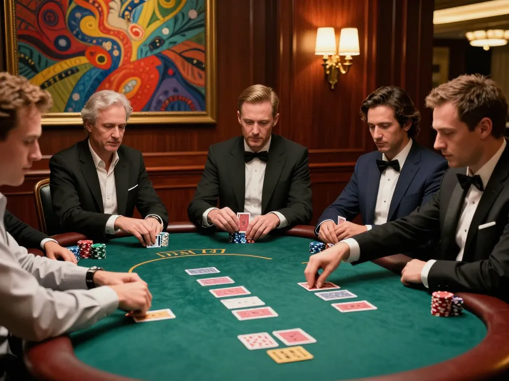 Analyze strategic gameplay with the KI Detektor Uni in a luxurious poker environment, showcasing high-stakes action.