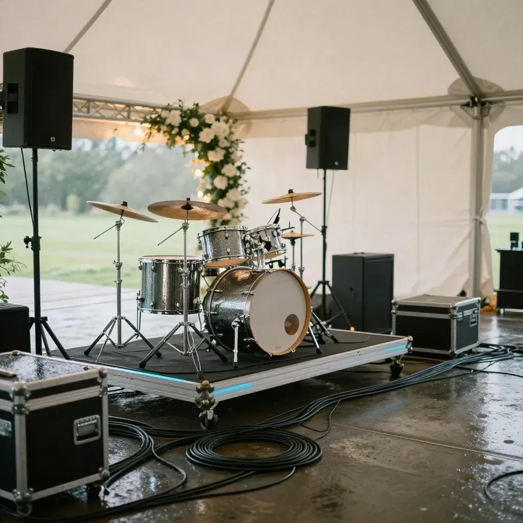 Bühnenaufbau mit Drumkit, Gitarrenständern und Lichttruss im Zelt nach Regen.