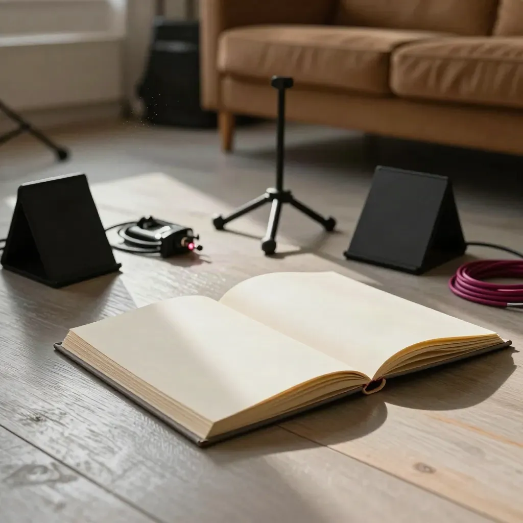 Geöffnete Setlist, Drumkit, Gitarrenständer und Monitore vor warmem Backstage-Sofa.