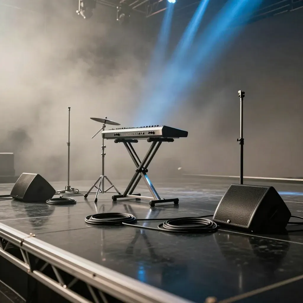 Späte Clubbühne mit Lichtstelen, Spiegelboden und blauen Lichtkegeln im Nebel