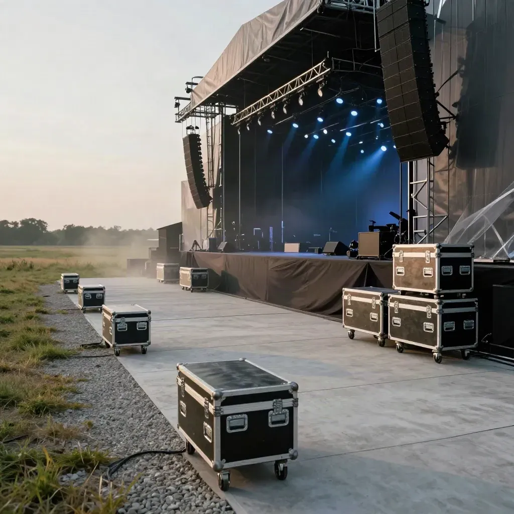 Festivalbühne am Abend mit Line-Array, Cases und blauem Bühnenlicht im Dunst