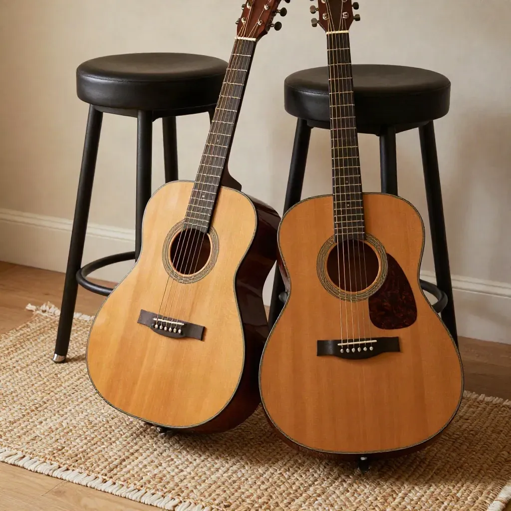 Akustikgitarren und Hocker in einer hellen Empfangsecke mit kleinem Teppich