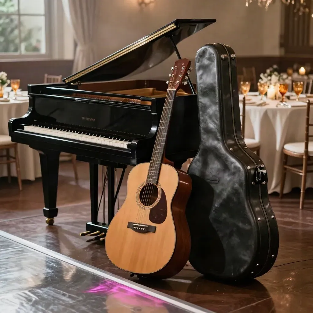 Hochzeitsmusik-Setup mit Klavier, Gitarre und Basscase im warmen Saallicht.