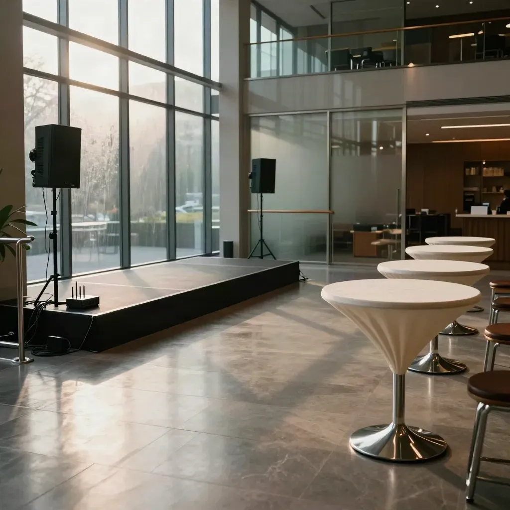 Leeres Glasfoyer mit Bühnenpodest, Cocktailtischen und Lichtreflexen vor dem Event.