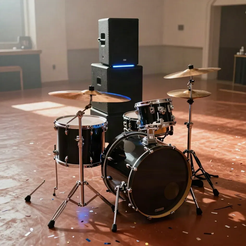 Konfettigestreute Partybühne mit Drumkit, Boxentürmen und blauen LED-Stäben im warmen Licht