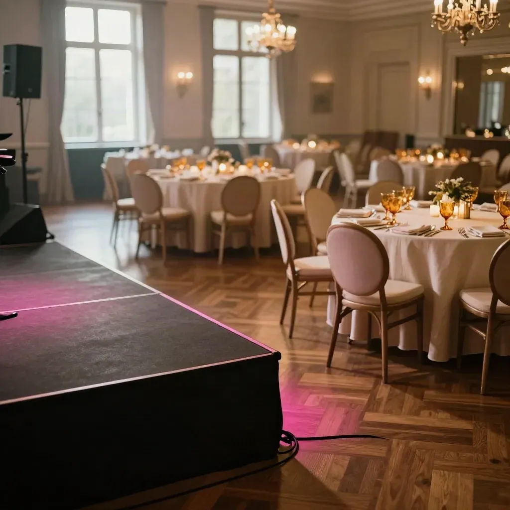 Hotelballsaal mit gedeckten Tischen, schwarzer Bühnenkante und Lautsprechern im Seitenwinkel.