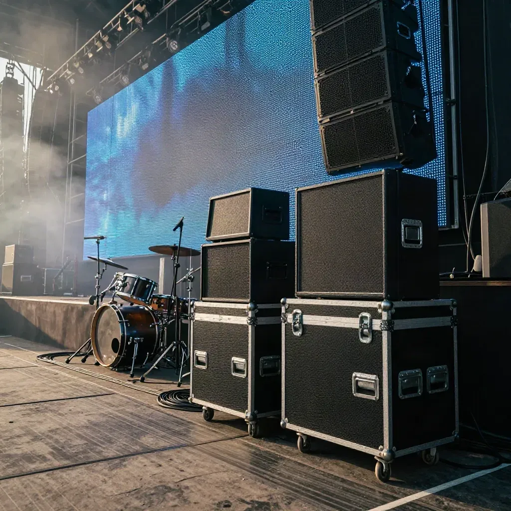 Tiefe Seitenansicht einer Festivalbühne mit LED-Wand, Backline und blauem Nebel.