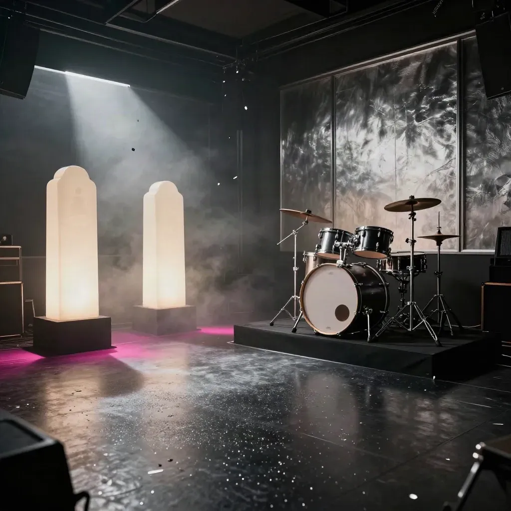 Clubraum mit Lichtstelen, Drumset und glitzerndem Boden im magentafarbenen Nebel.