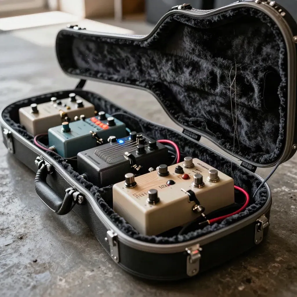Backstage-Detail mit Gitarrenkoffern, Effektpedalen und schwingenden Saiten im Seitenlicht