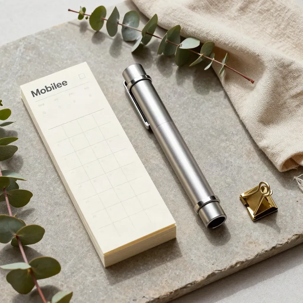 Flatlay mit Kalenderblock, Ringordner, Clip, Eukalyptus und Leinentuch auf Stein.