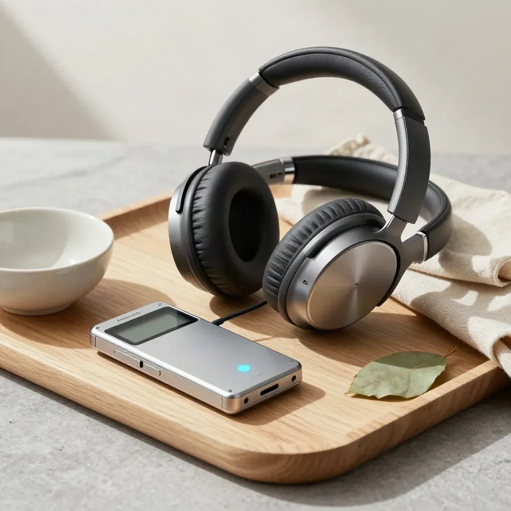 Kopfhörer, Audio-Player und Keramikschale auf hellem Holz mit Blatt und Leinentuch.