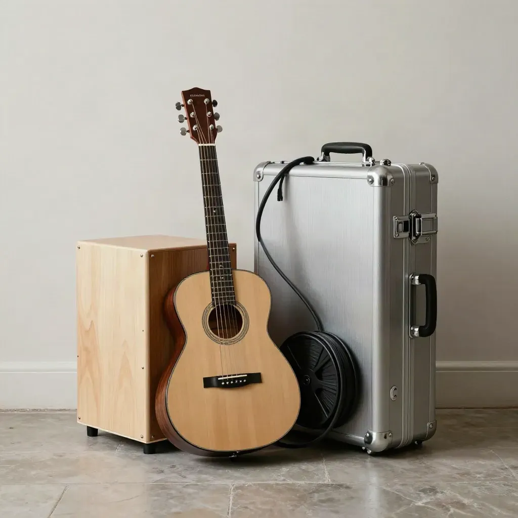 Kleines Akustik-Setup mit Gitarre und Cajón neben Bandcase und Kabelrolle.