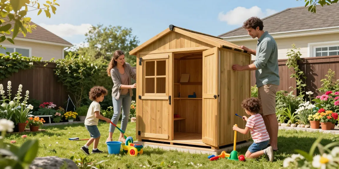 Ein Gartenhaus kaufen in der sonnigen Nachbarschaft, wo eine Familie gemeinsam ein Holz-Gartenhaus aufbaut, umgeben von Blumen und Spielzeug.