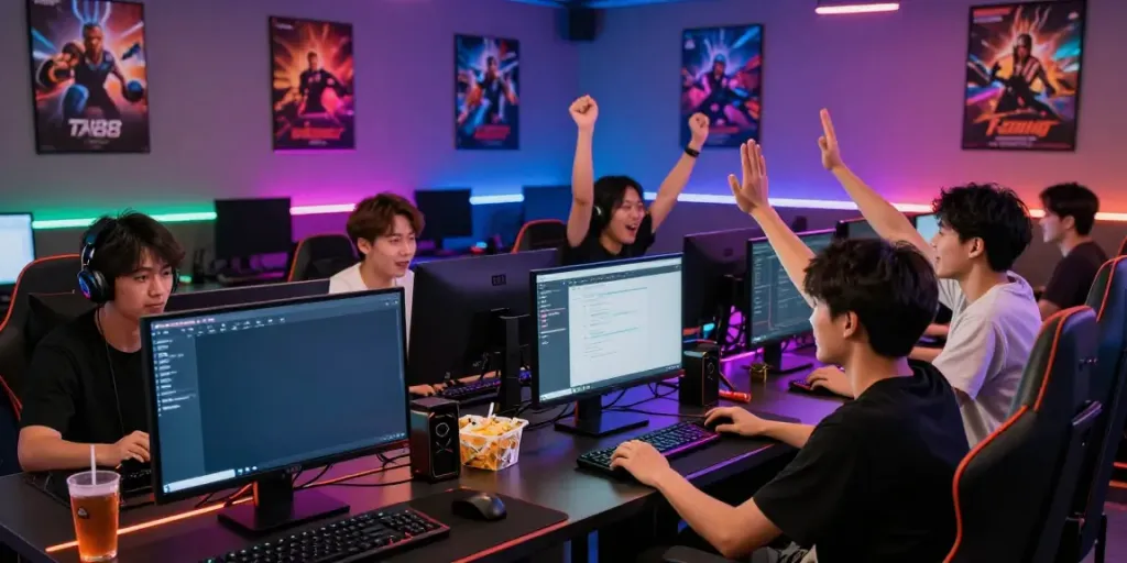 Players enjoying online gaming at TA88 with illuminated screens and vibrant atmosphere.