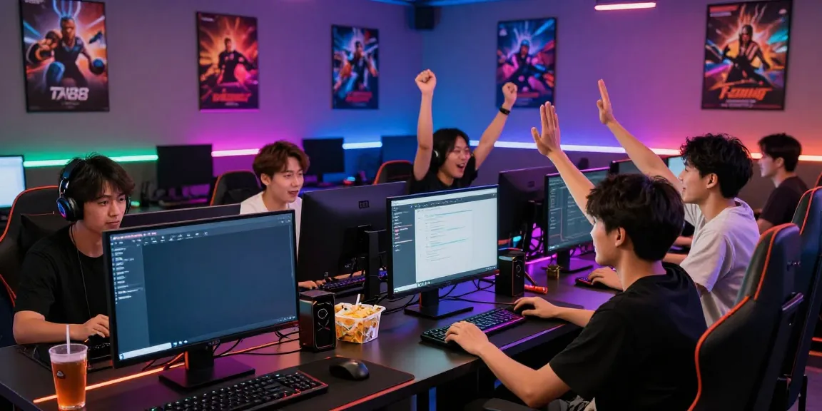 Players enjoying online gaming at TA88 with illuminated screens and vibrant atmosphere.