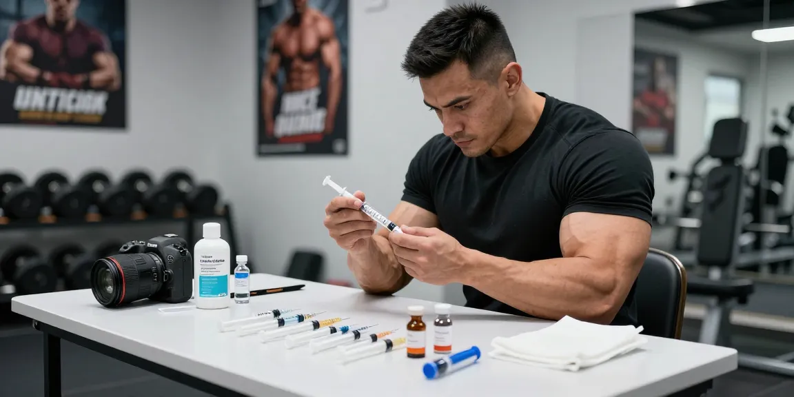 Bodybuilder im Anabolika Shop, bereit für die Steroid-Injektion, zeigt Sportausrüstung und sterile Materialien.