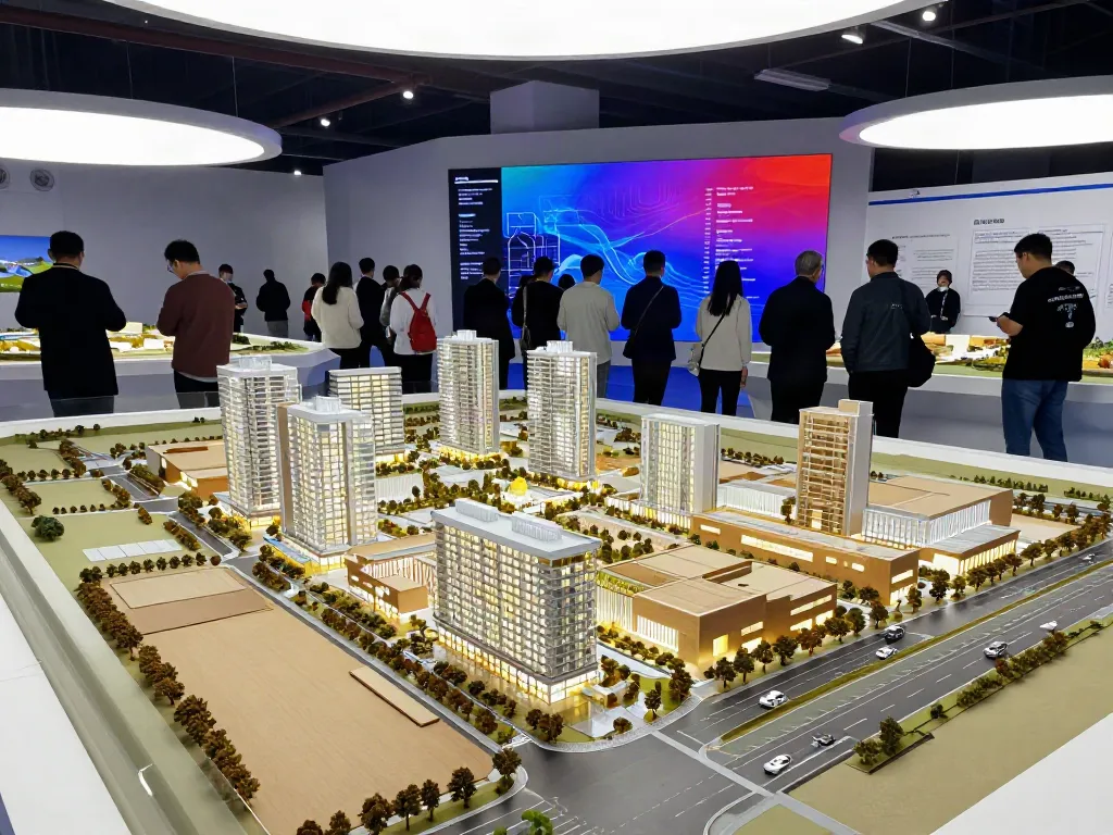 Eindruck eines Messemodellbaus, der detaillierte Architekturmodelle auf einer Ausstellung zeigt, umgeben von Besuchern.