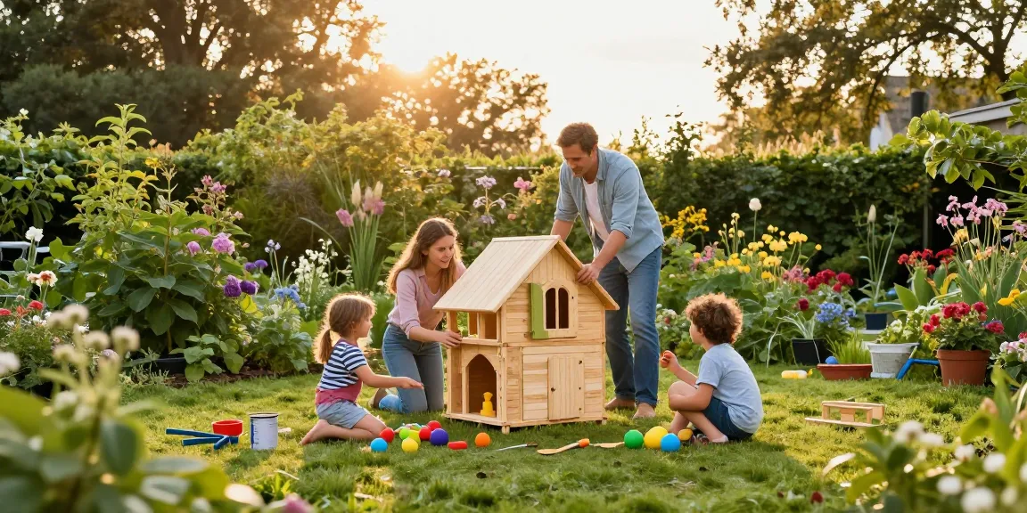 Ein Familienprojekt zur Erstellung eines Garten Hauses im sonnigen Garten mit Spielzeugen und Werkzeugen.