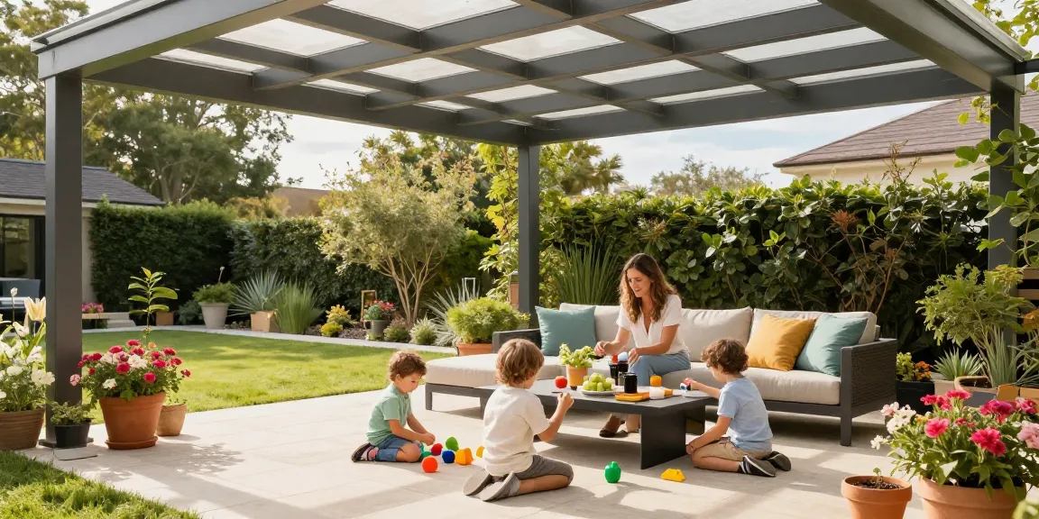 Familienzeit unter modernen Terrassenüberdachungen, stilvolles Ambiente und glückliche Kinder.