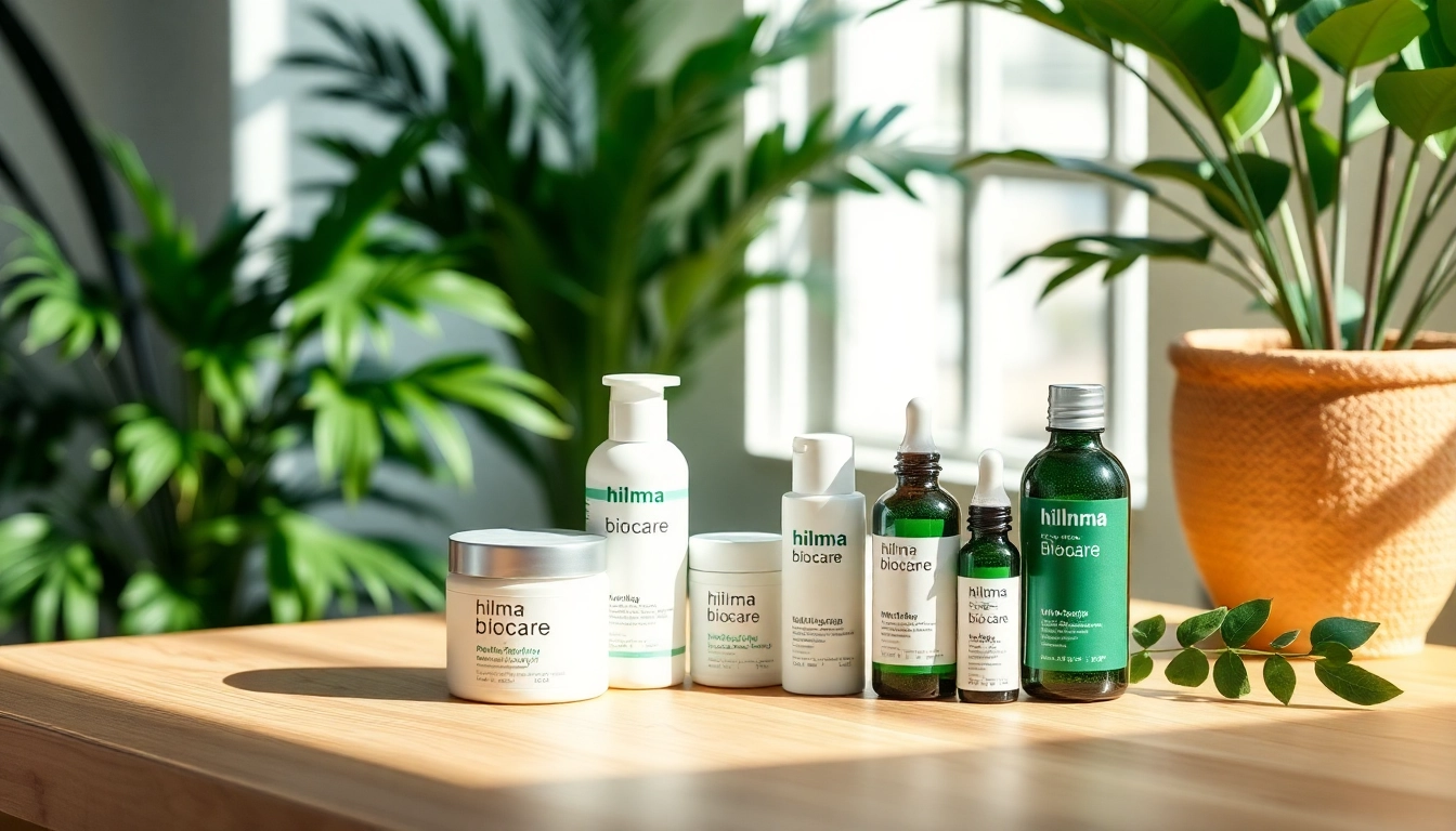 Produkte von hilma biocare auf einem Tisch mit natürlichen Pflanzen im Hintergrund.