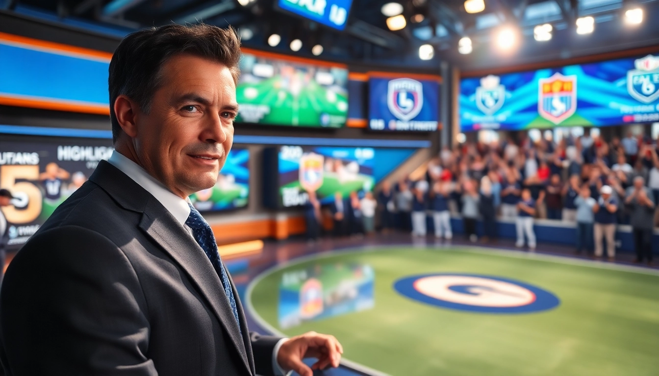 Professional sports broadcasting anchor delivering breaking news in a vibrant studio.