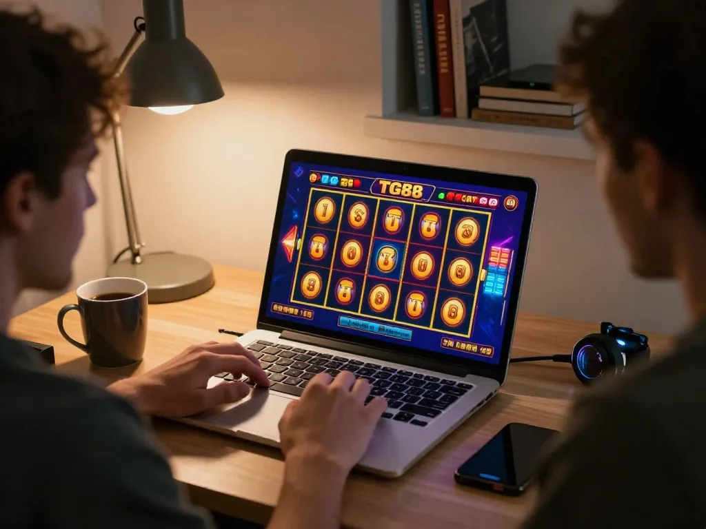 Engaged player enjoying TG88 themed online slot game on laptop at home