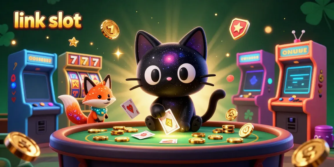 Experience thrilling moments with link slot as the cosmic black hole cat pulls in golden chips at a vibrant casino table.