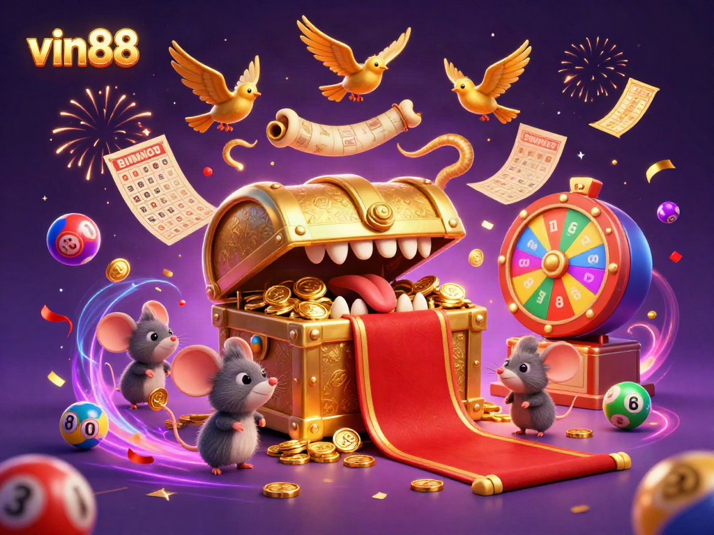 Experience thrilling casino gameplay with vin88, featuring dynamic lottery balls and golden treasures.