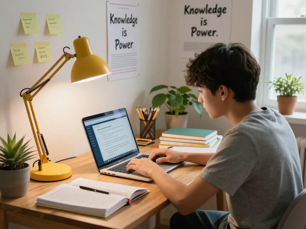 Schüler, der ein Hausaufgabenlöser KI-Tool in einem hellen Lernraum mit Büchern und Notizen verwendet.