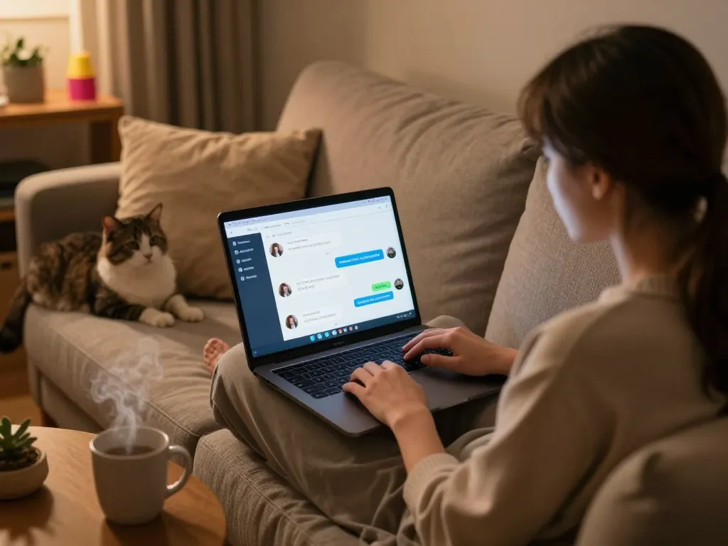 Cozy home interaction with an nsfw chat bot on a laptop, inviting atmosphere.