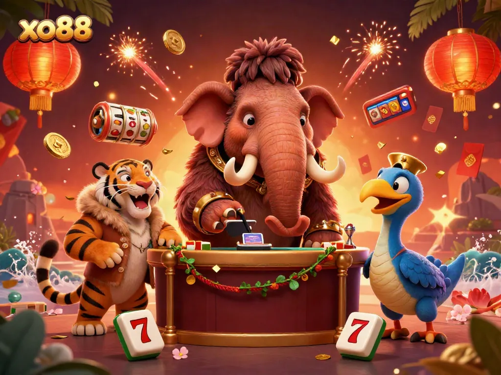 Experience excitement with the vibrant xo88 scene featuring a woolly mammoth bouncer, saber-tooth tiger, and lucky gaming symbols.