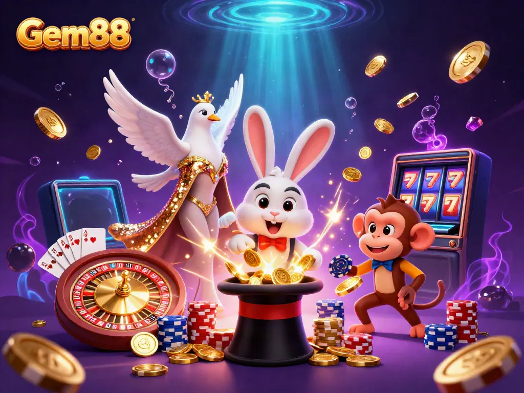 Experience the magic of Gem88 with a colorful 3D illustration featuring a magician rabbit and casino elements.