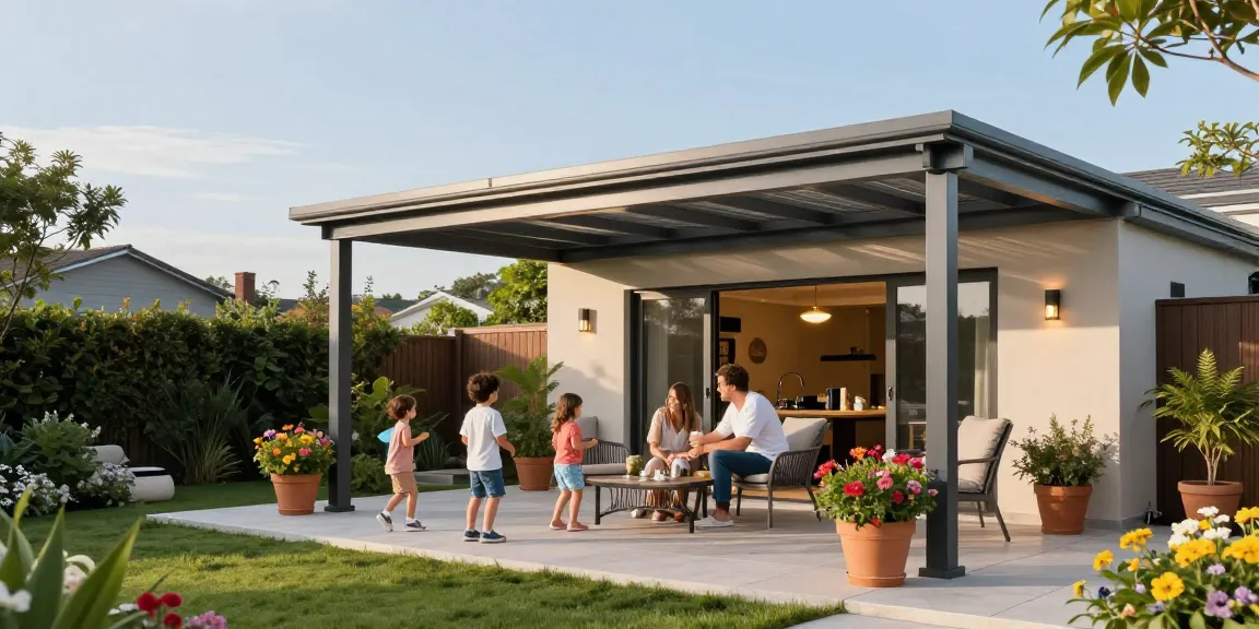 Moderne Terrassenüberdachung als stilvolle Gartenlösung für Familienaktivitäten.
