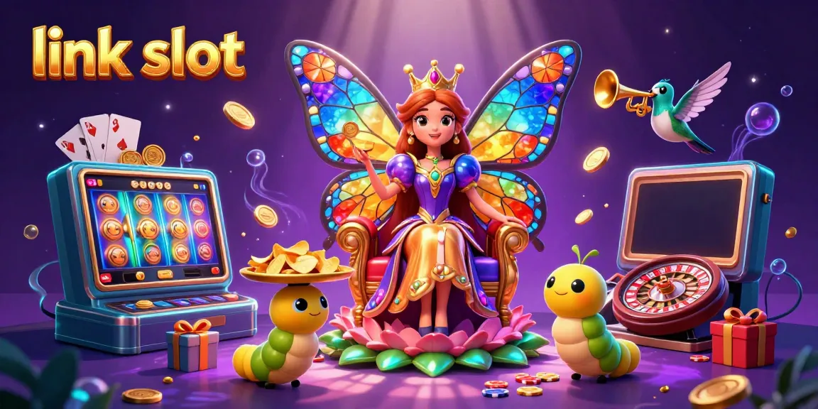 Spin to win in the vibrant link slot scene featuring a butterfly queen and dynamic slot game elements.