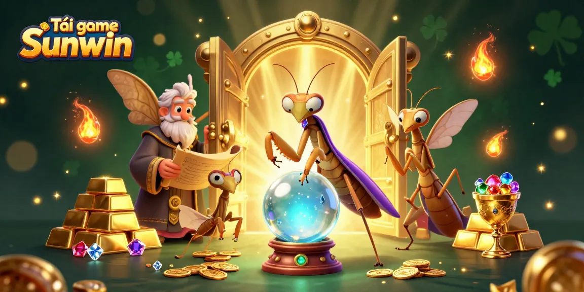 Tải game Sunwin with vibrant 3D illustration featuring fortune tellers and treasures in a casino setting.