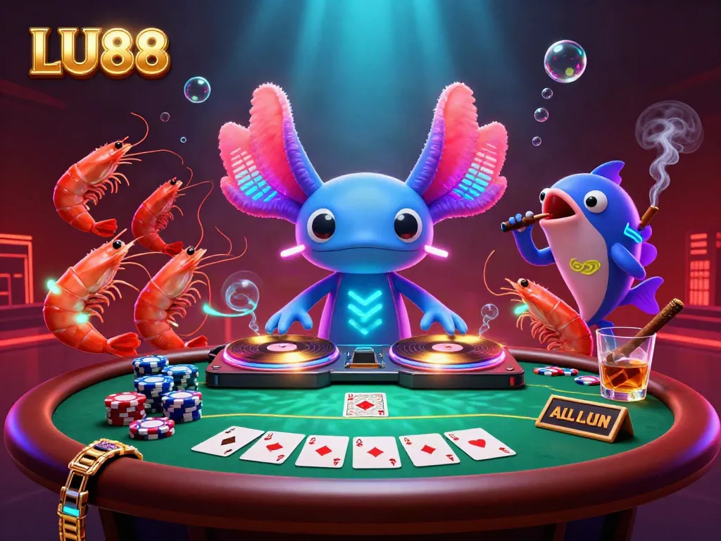 LU88 casino atmosphere featuring a vibrant axolotl DJ with shrimp dancers and poker elements.