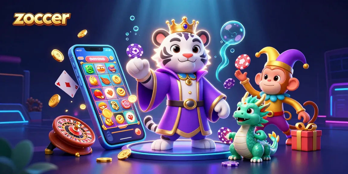 Zoccer gaming scene with a white tiger, monkey, and dragon amidst casino elements.