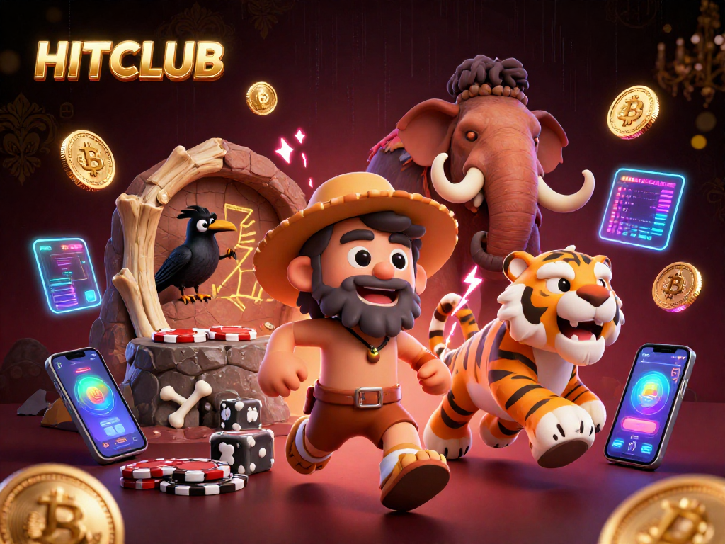 Experience HITCLUB's vibrant casino action, featuring caveman and sabertooth characters amidst crypto gaming.
