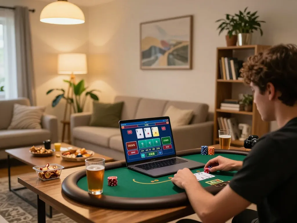Engaging poker gameplay on a laptop at home, highlighting sc88e online casino experience.