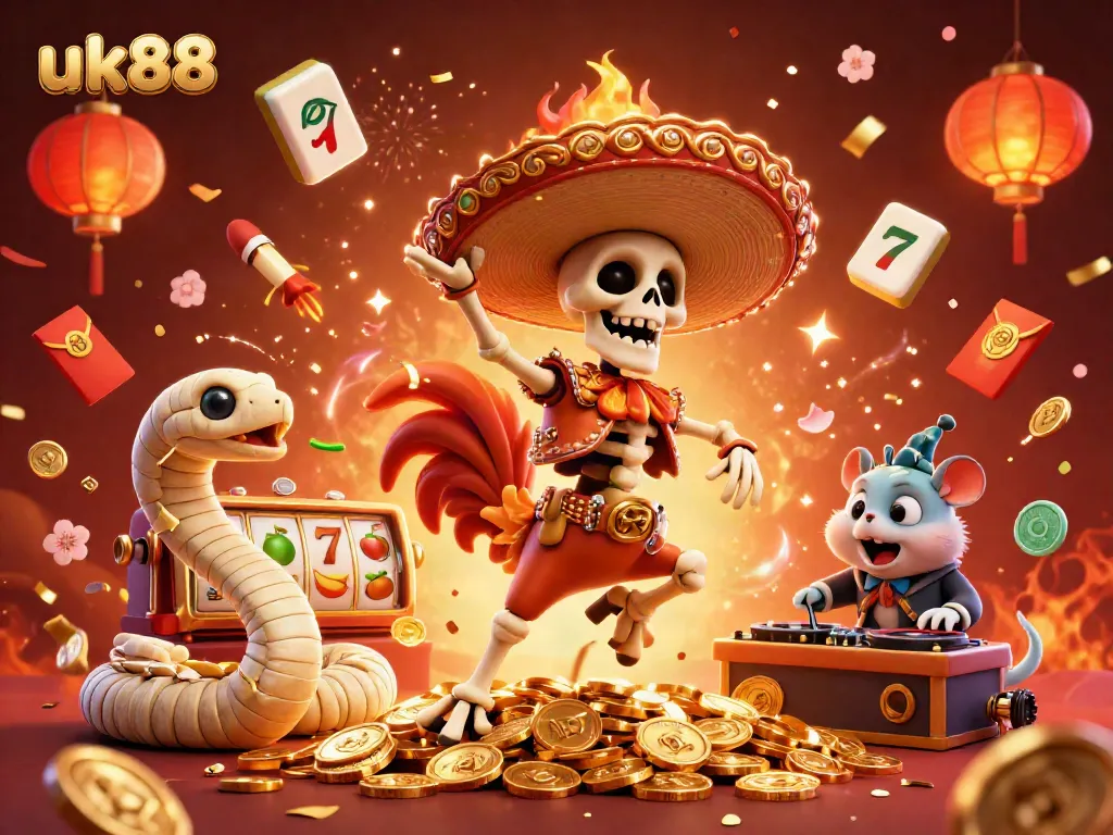 Experience the vibrant celebrations of uk88 with a dynamic 3D illustration showcasing a rooster, mummy, and DJ among slot game symbols.