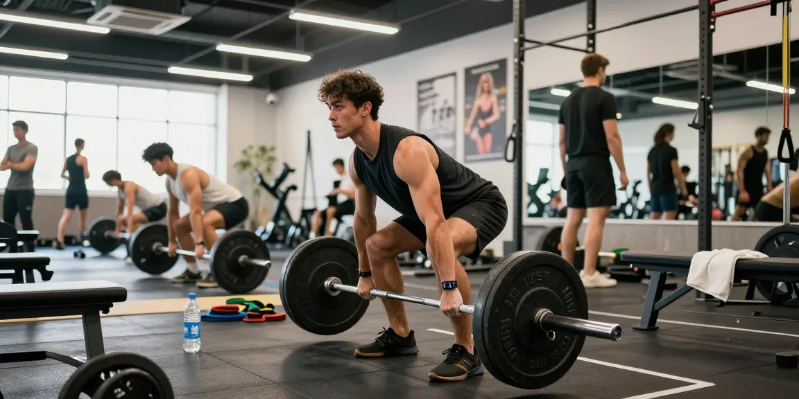 Anabolika Shop – Bodybuilder bei einem intensiven Workout im Fitnessstudio, Gewichte und Equipment um ihn herum.