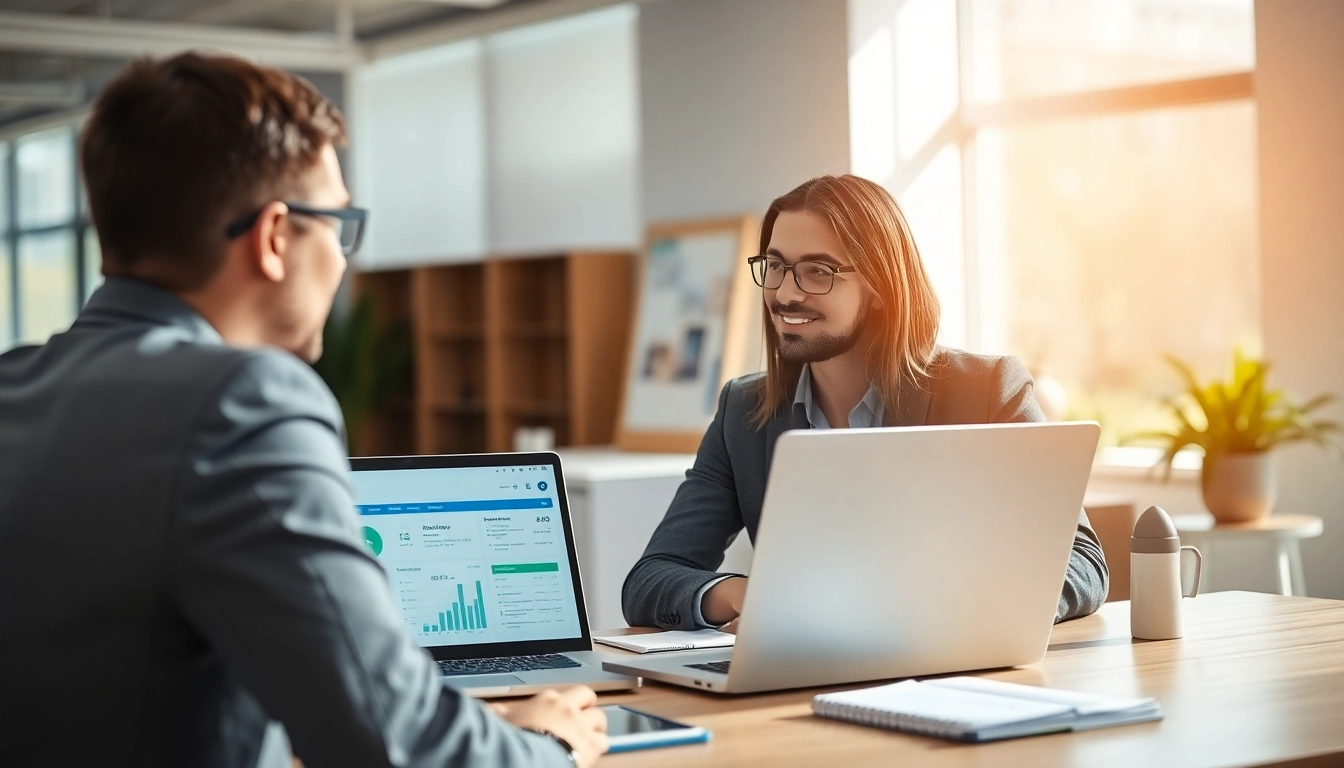 Headhunter IT berät in einem modernen Büroumfeld, nutzen digitale Rekrutierungstools.