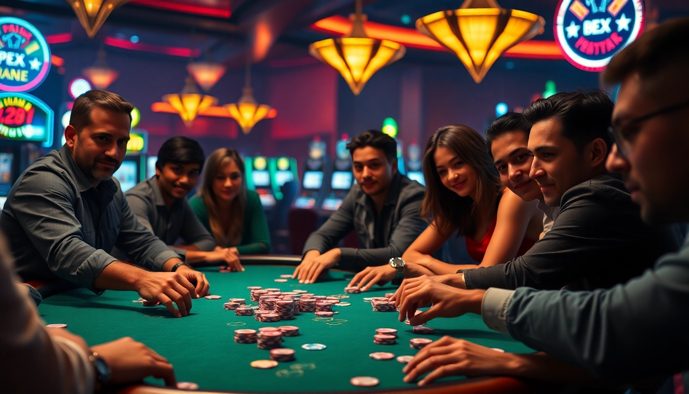 Online kaszinó élő játékosokkal, izgalmas póker asztalon.