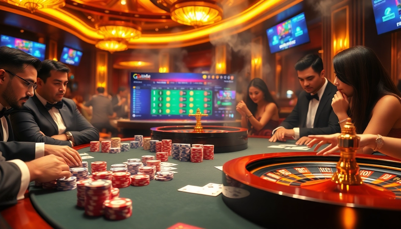 Engage in exciting gameplay at gamebaidoithuong.trading with vibrant poker chips and a roulette wheel.