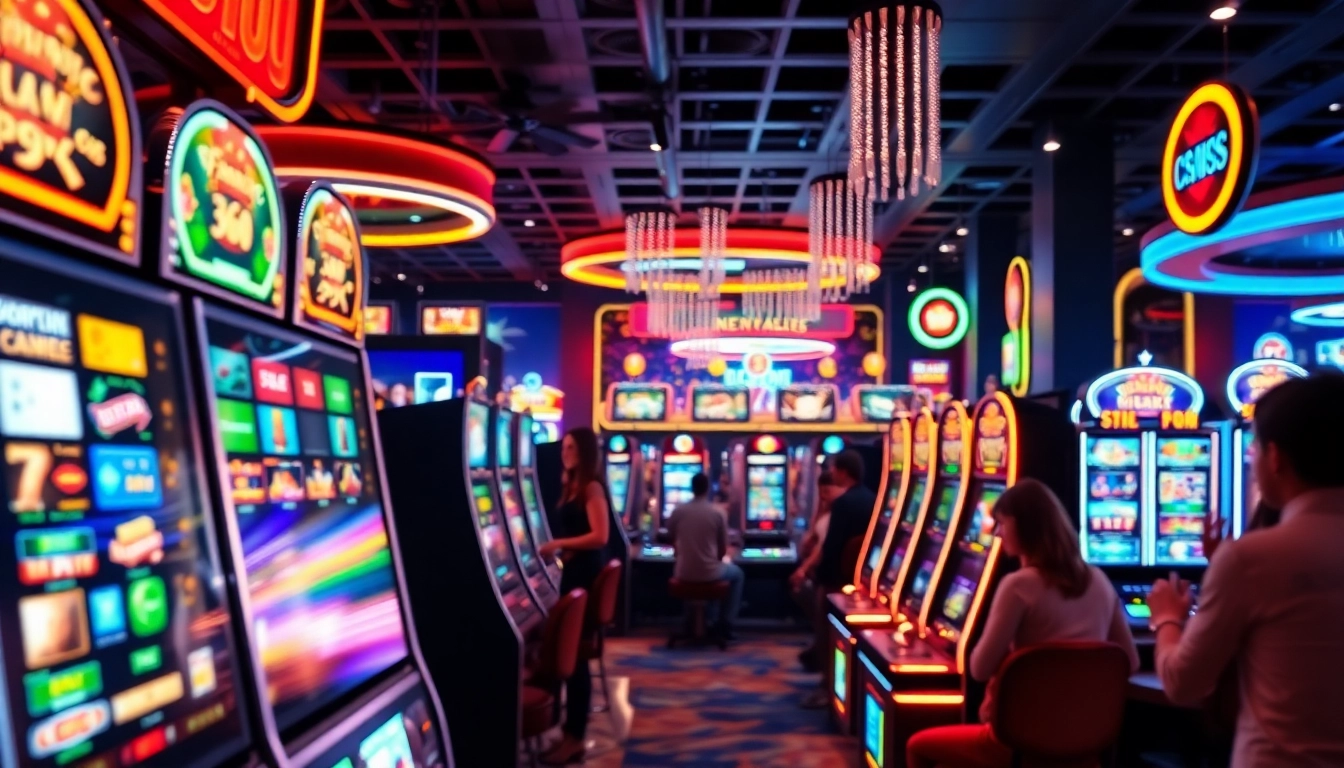 Az online casino dinamikus játékélményének bemutatása neon fények között.