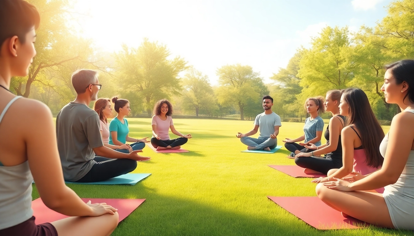 Mental health awareness gathering showcasing mindfulness activities in a serene park.