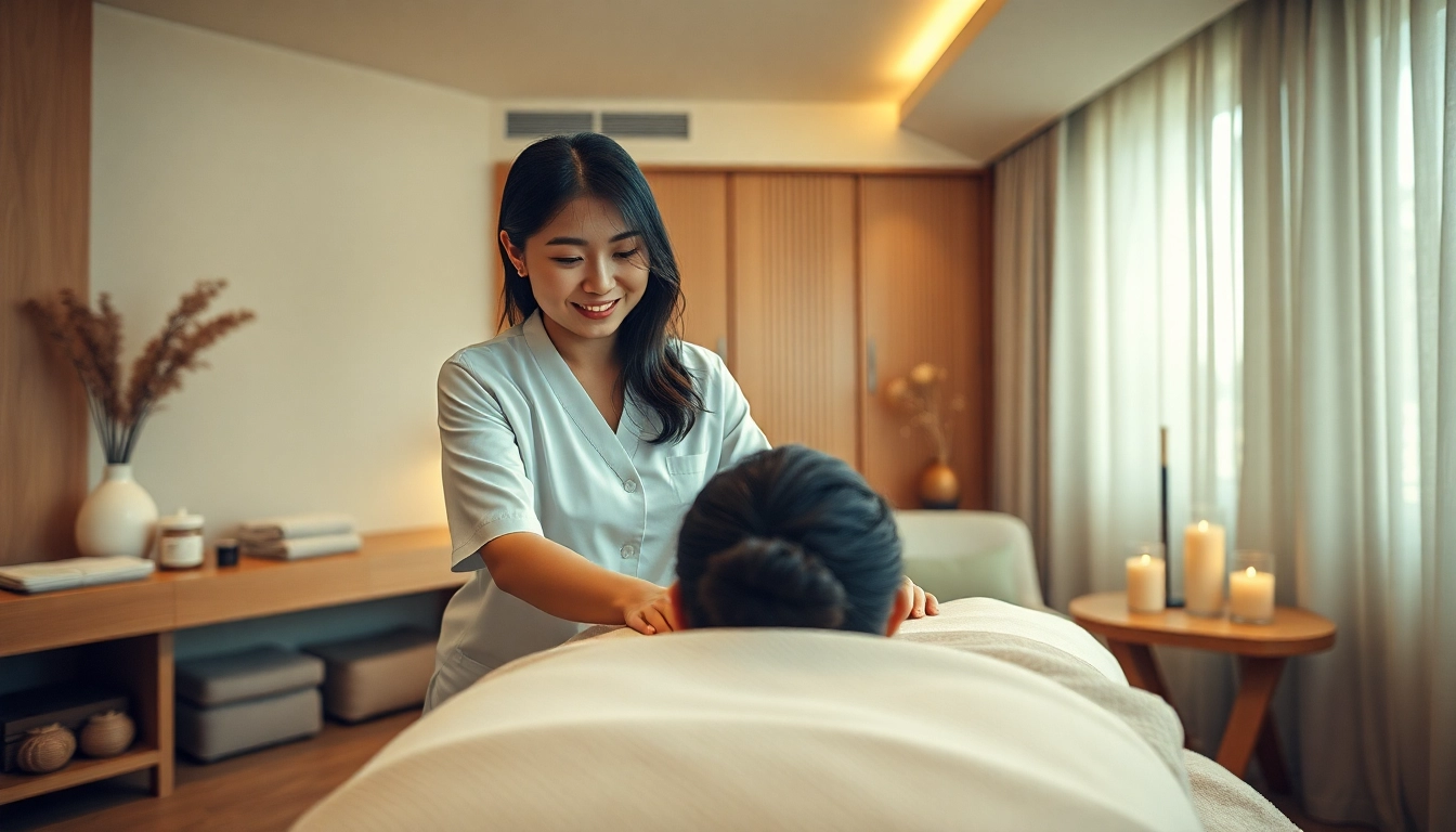 평택출장마사지 서비스에서 젊은 테라피스트가 차분한 호텔 객실에서 편안한 마사지를 제공하는 모습.