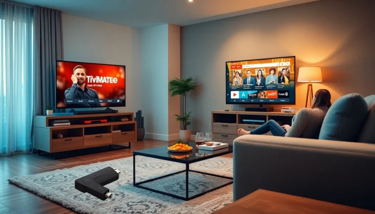 TiviMate IPTV Anleitung Einrichtung in einem gemütlichen Wohnzimmer mit Fire TV Stick und Benutzerinteraktion.