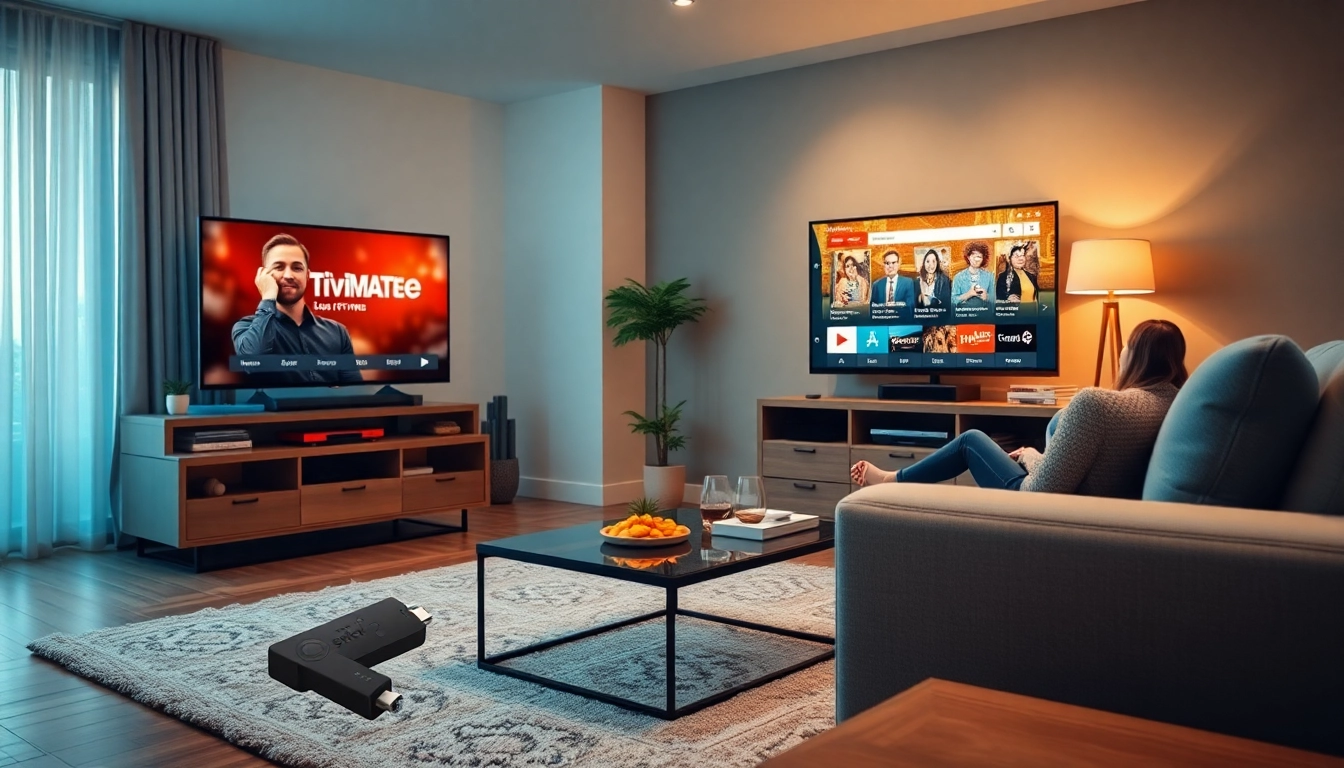 TiviMate IPTV Anleitung Einrichtung in einem gemütlichen Wohnzimmer mit Fire TV Stick und Benutzerinteraktion.
