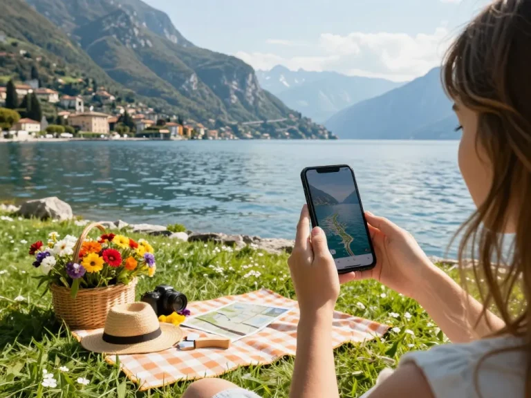 Gardasee Reisetipps: Reisender am Gardasee, der eine malerische Uferlandschaft mit Blumen und Picknick-Utensilien genießt.